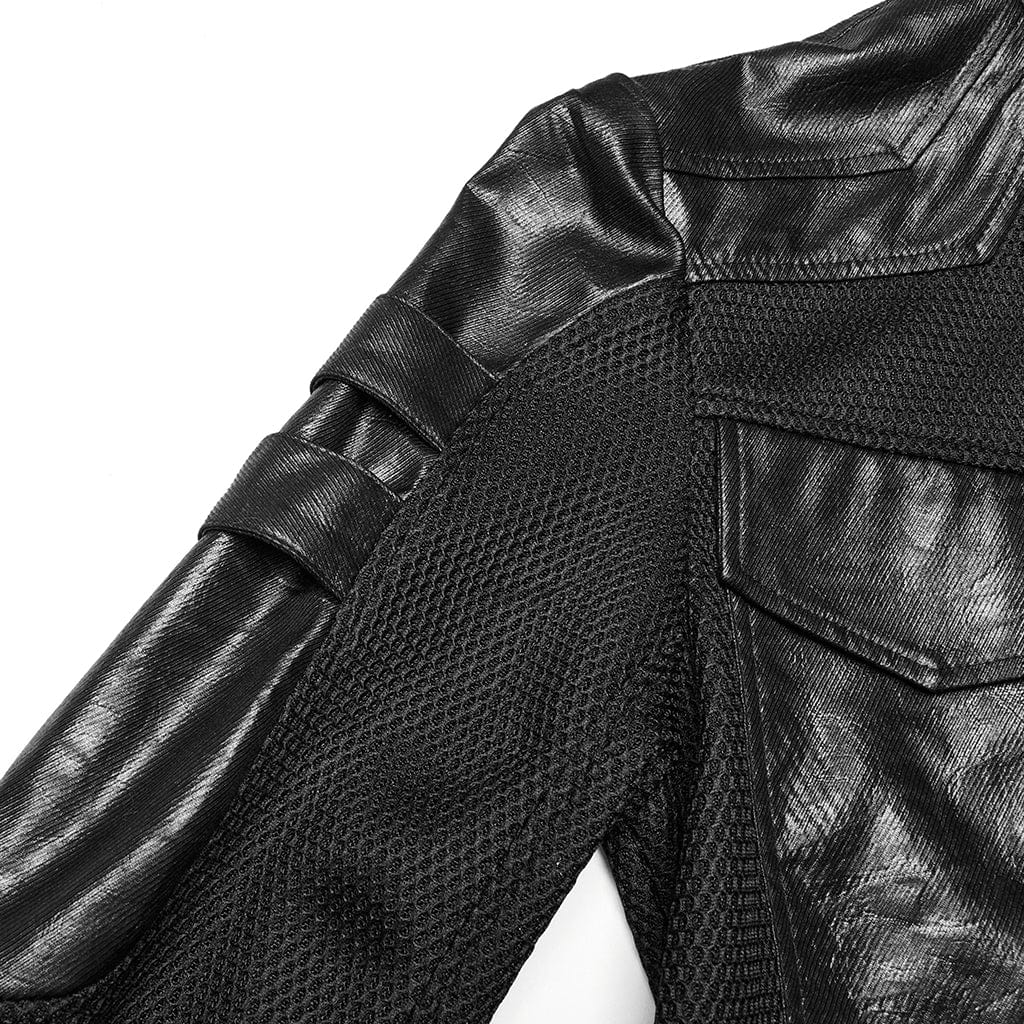 PUNK RAVE Men's Cyberpunk Stand Collar Mesh Splice Faux Leather Coat