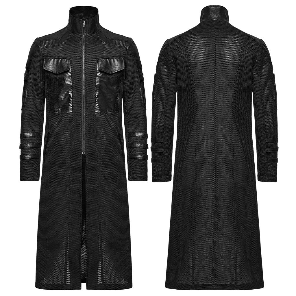 PUNK RAVE Men's Cyberpunk Stand Collar Mesh Splice Faux Leather Coat