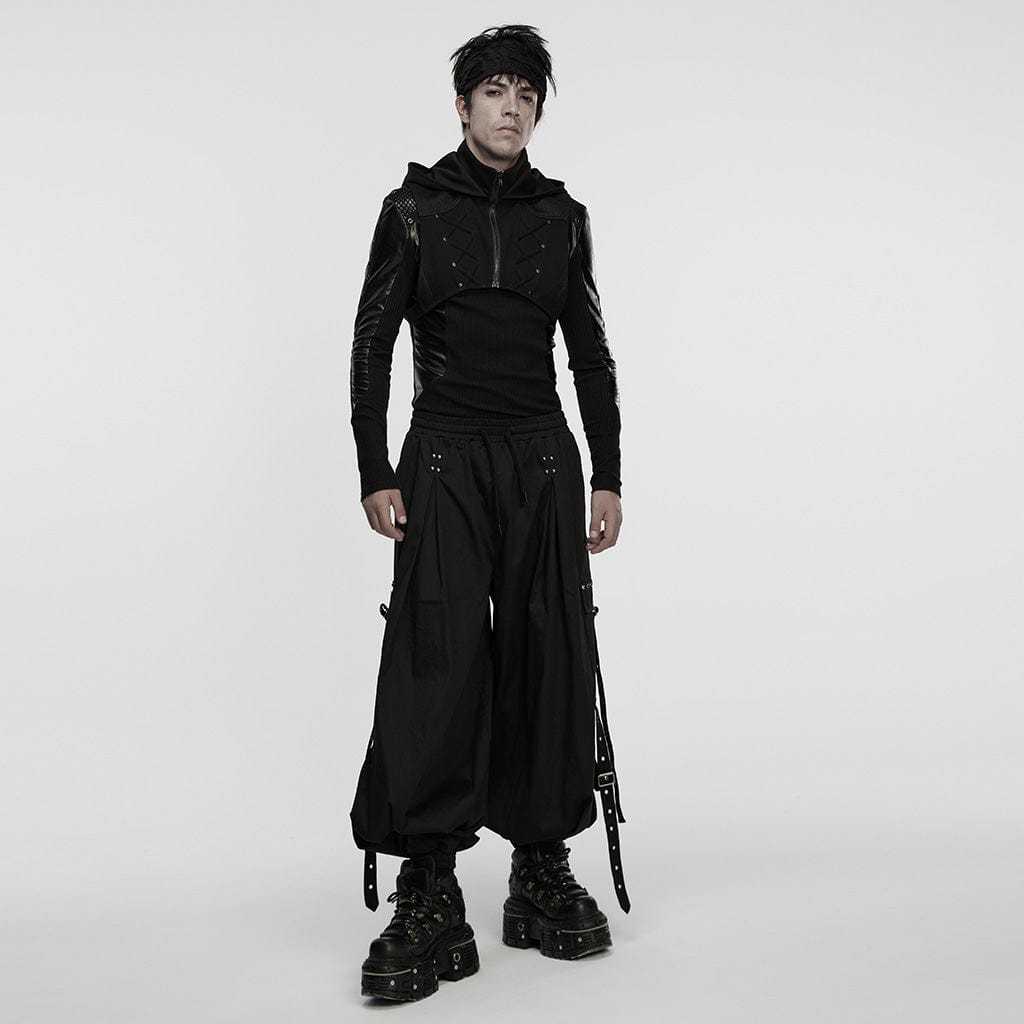 PUNK RAVE Men's Cyberpunk Stand Collar Zip Hooded Short Vest