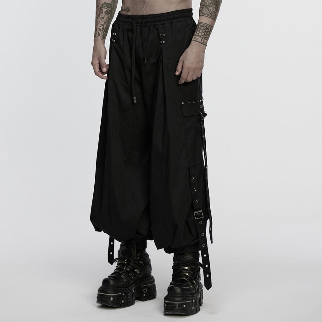 PUNK RAVE Men's Cyberpunk Strappy Rivets Cuffed Pants
