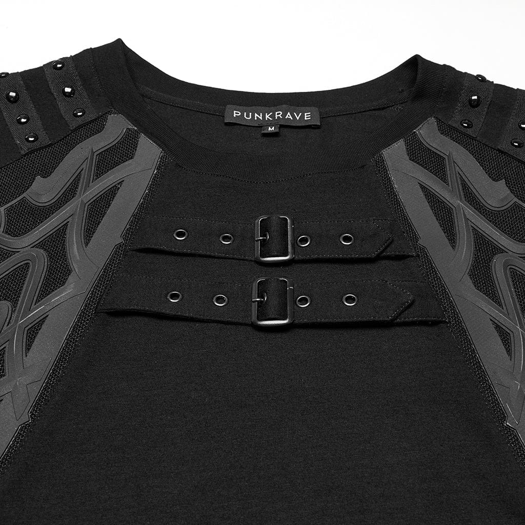 PUNK RAVE Men's Cyberpunk Studded Buckle Strap T-shirt