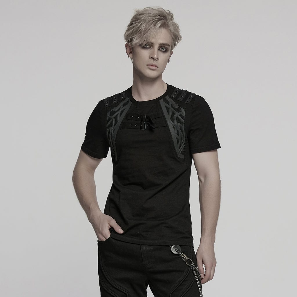 PUNK RAVE Men's Cyberpunk Studded Buckle Strap T-shirt