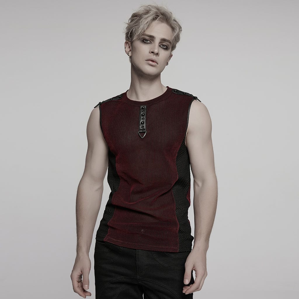 PUNK RAVE Men's Cyberpunk Studded Sheer Mesh Vest Red