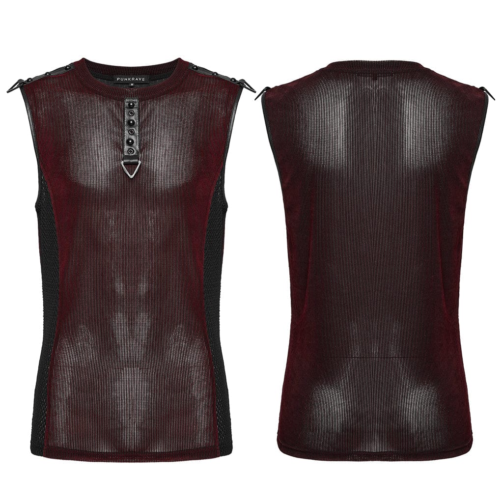 PUNK RAVE Men's Cyberpunk Studded Sheer Mesh Vest Red