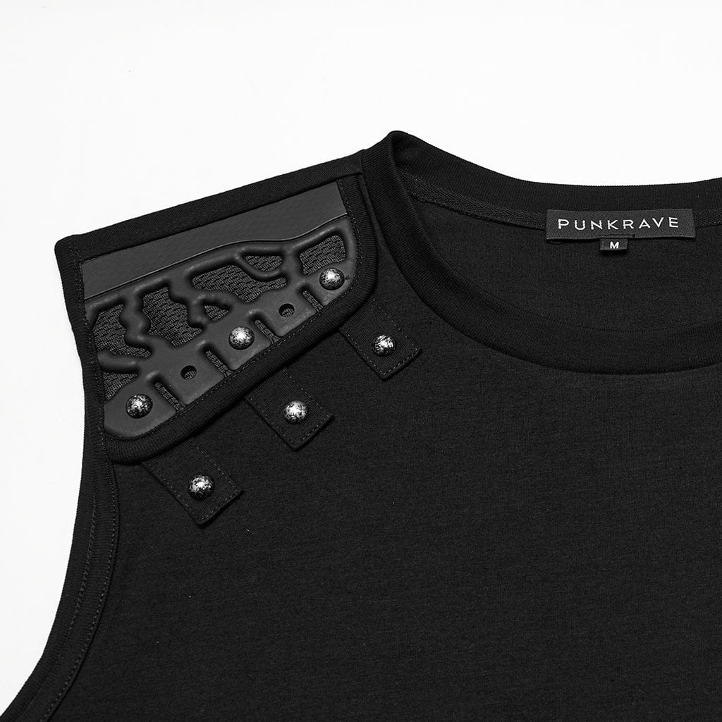 PUNK RAVE Men's Cyberpunk Studded Shoulder Patched Vest