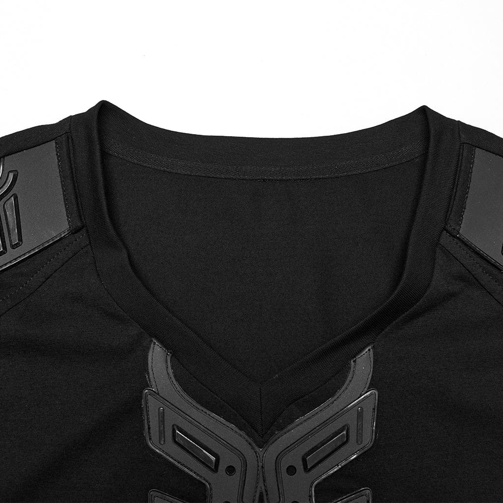 PUNK RAVE Men's Cyberpunk V-neck Rubber Patched T-shirt
