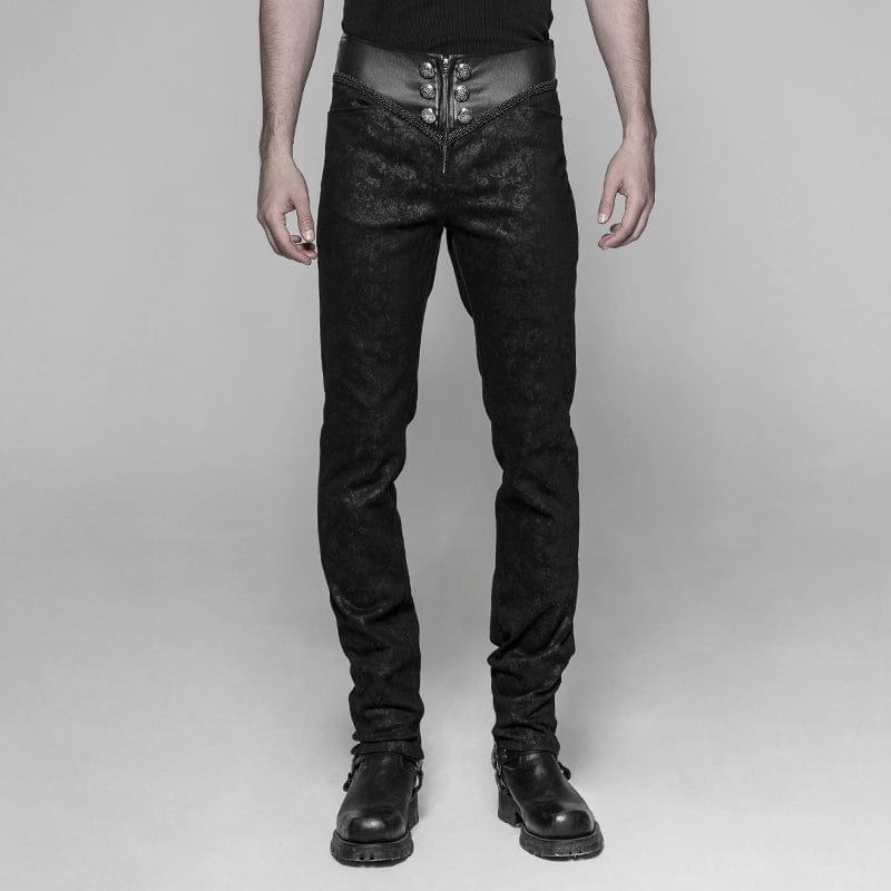 PUNK RAVE Men's Faux Leather and Jacquard Goth Trousers