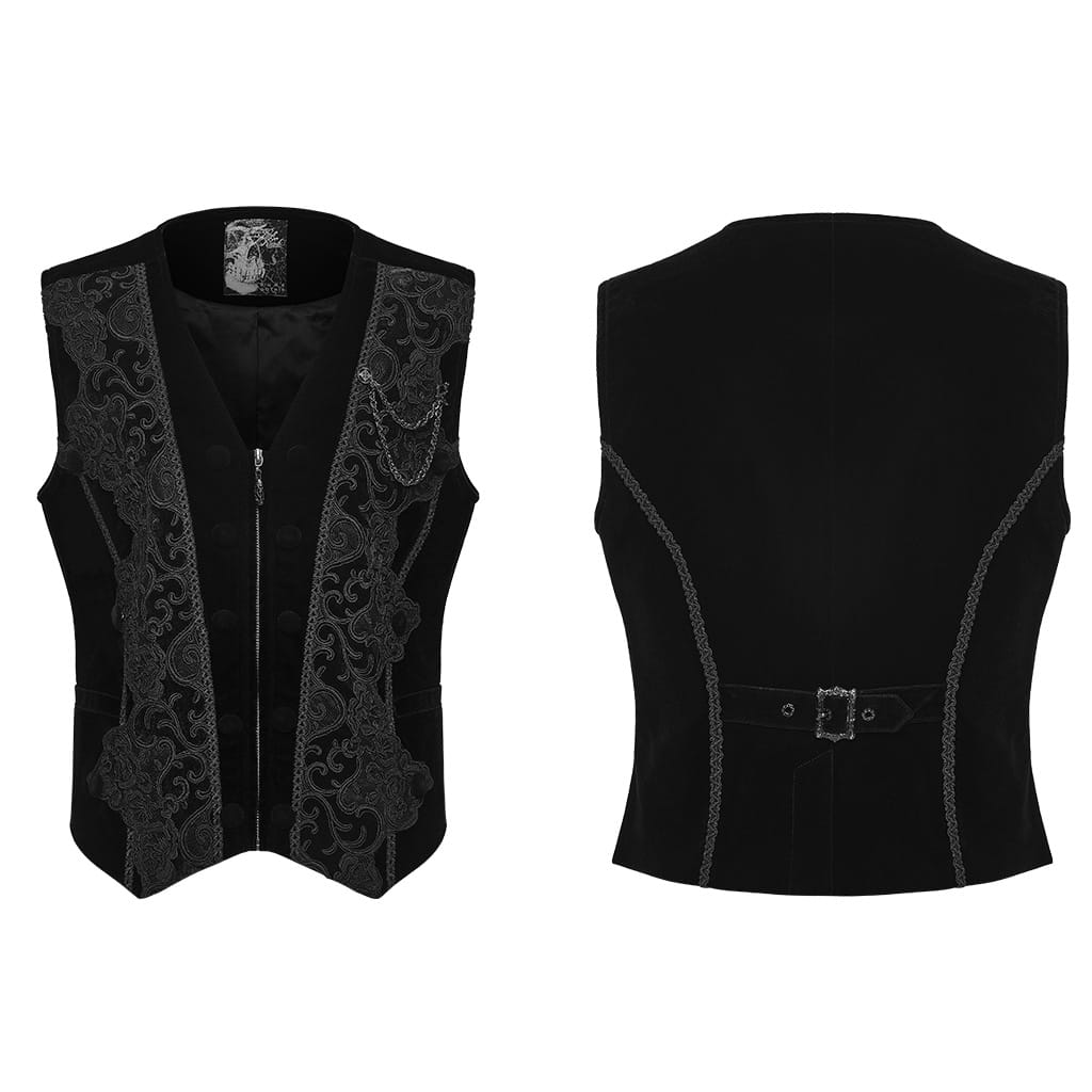 PUNK RAVE Men's Gothic Applique Chain Front Zipper Waistcoat Black