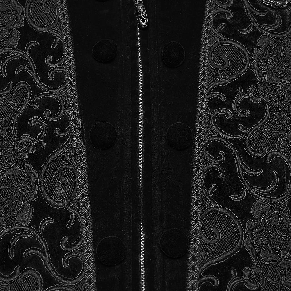PUNK RAVE Men's Gothic Applique Chain Front Zipper Waistcoat Black