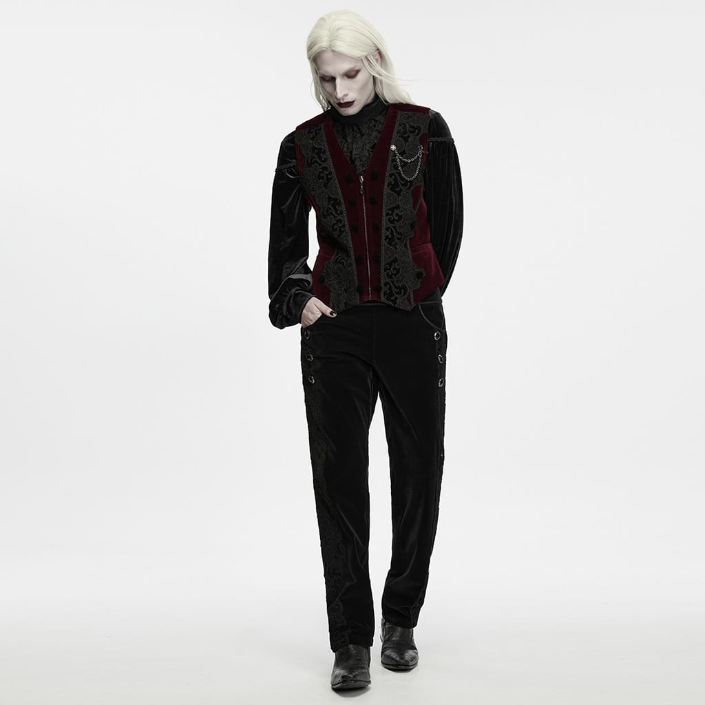 PUNK RAVE Men's Gothic Applique Chain Front Zipper Waistcoat Red