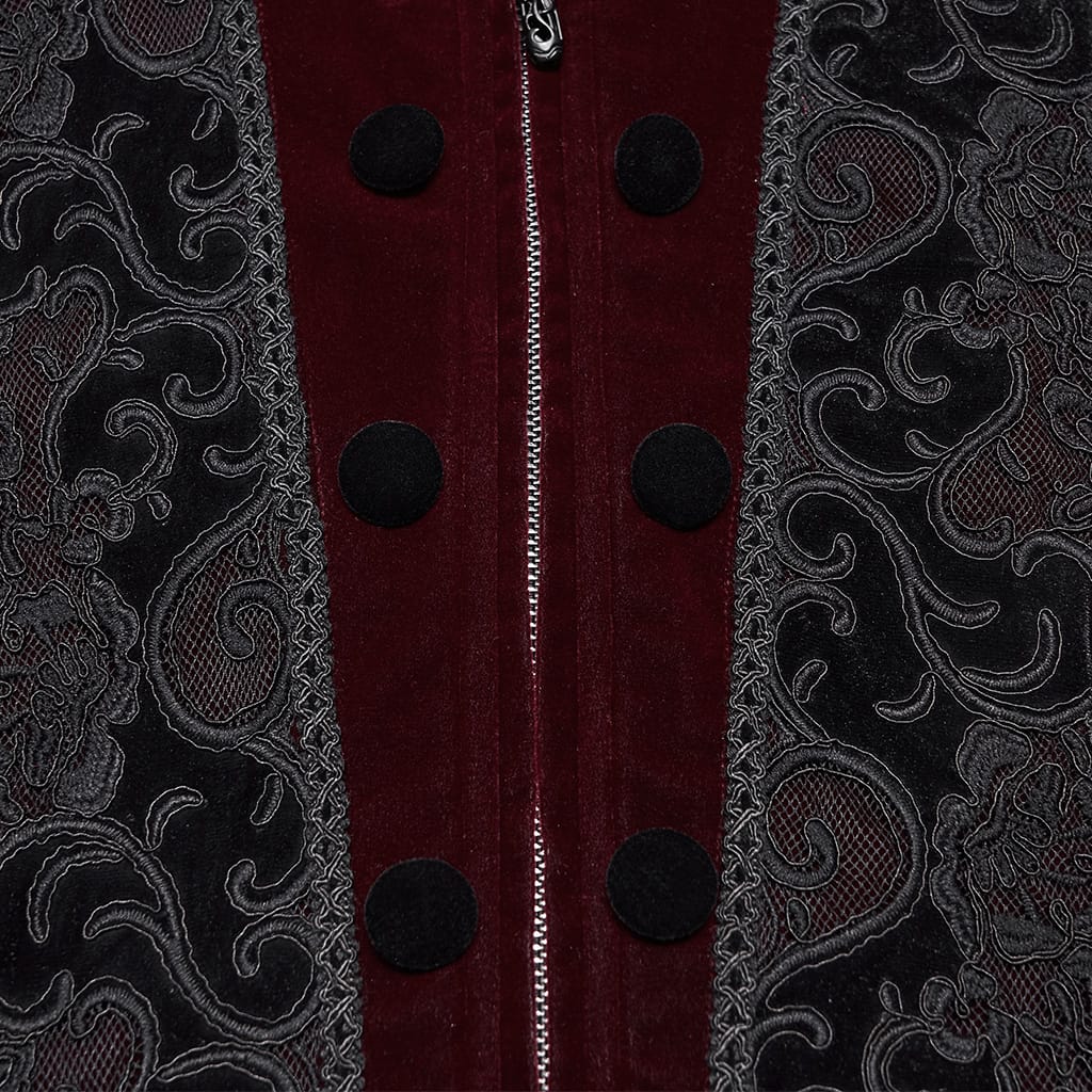 PUNK RAVE Men's Gothic Applique Chain Front Zipper Waistcoat Red