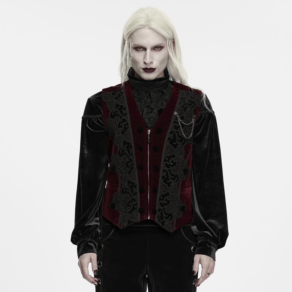 PUNK RAVE Men's Gothic Applique Chain Front Zipper Waistcoat Red