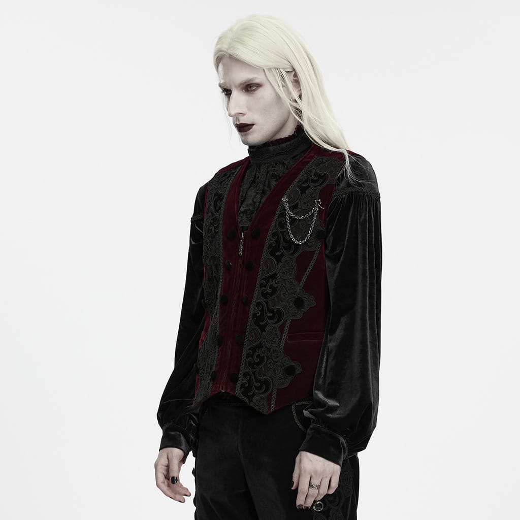 PUNK RAVE Men's Gothic Applique Chain Front Zipper Waistcoat Red