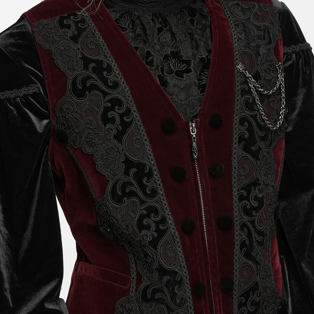 PUNK RAVE Men's Gothic Applique Chain Front Zipper Waistcoat Red