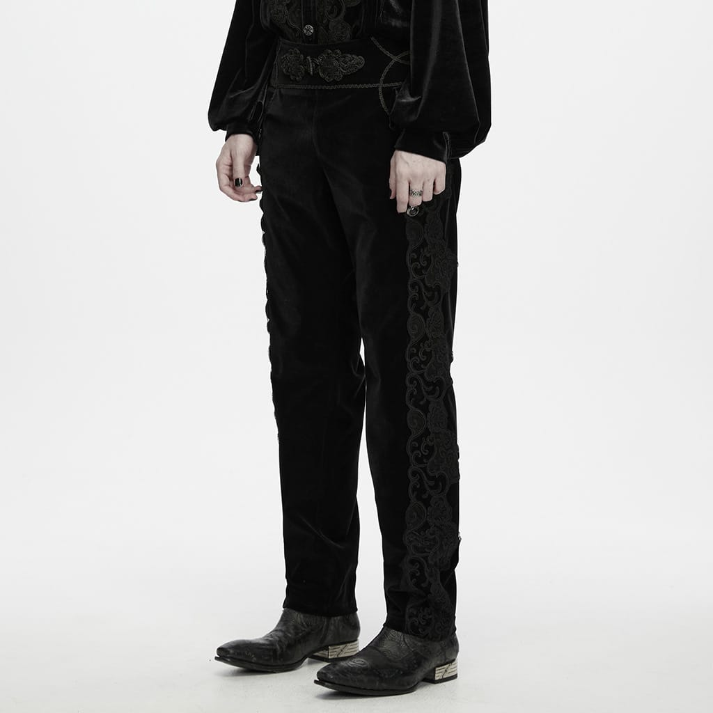 PUNK RAVE Men's Gothic Applique Lace-up Side Zipper Pants Black