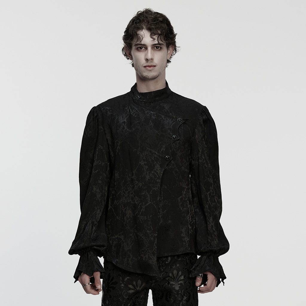 PUNK RAVE Men's Gothic Asymmetric Printed Puff Sleeved Shirt Black