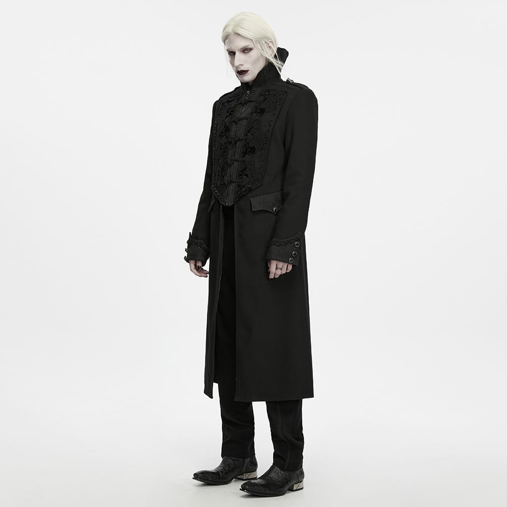 PUNK RAVE Men's Gothic Beaded Applique Stand Collar Long Jacket
