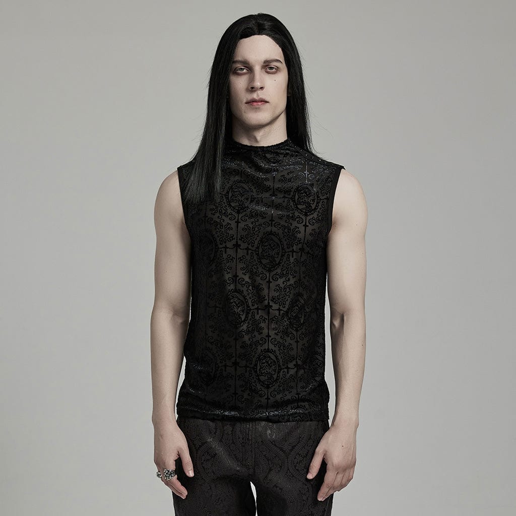 PUNK RAVE Men's Gothic Beaded Cross Flocking Tank Top