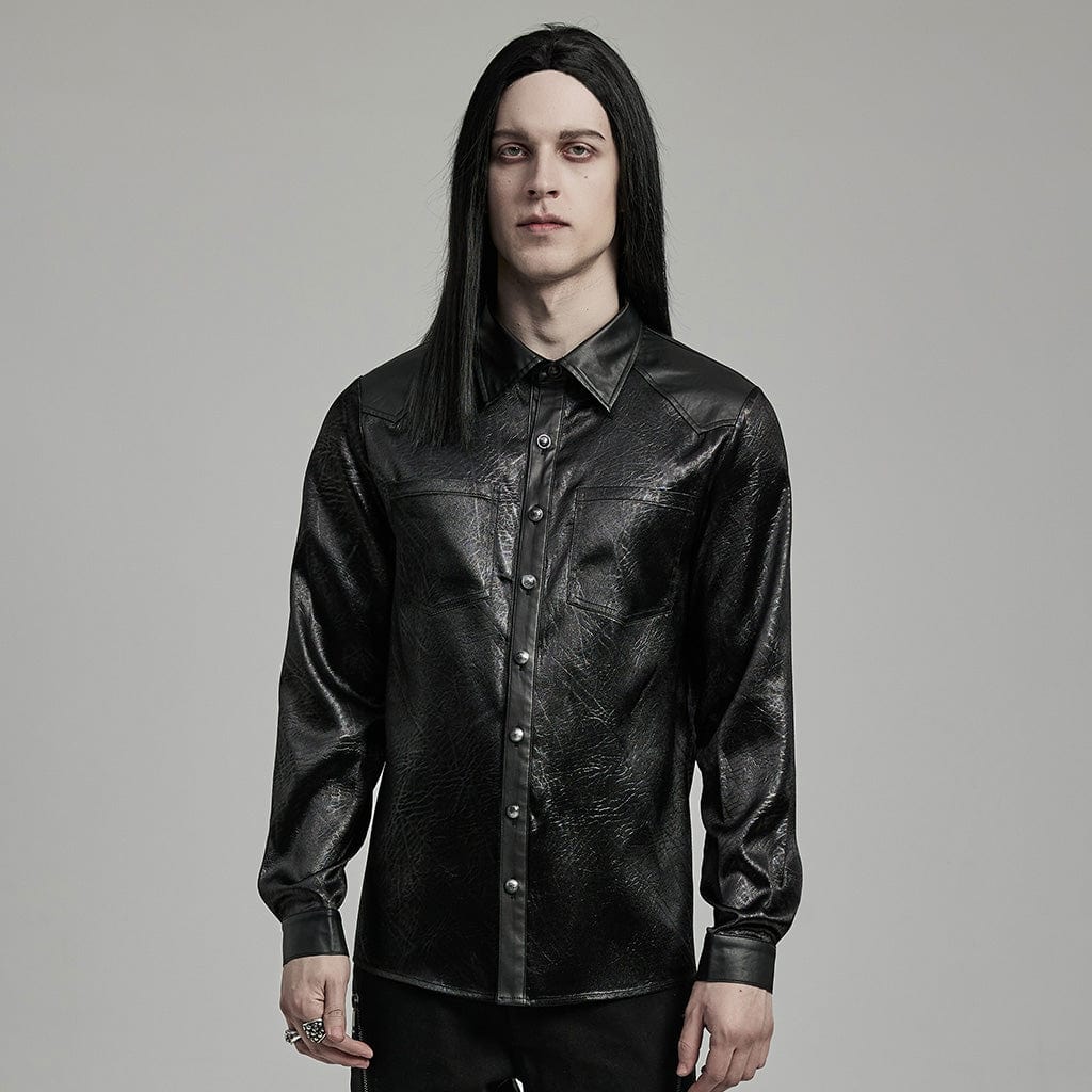 PUNK RAVE Men's Gothic Big-pocket Faux Leather Shirt