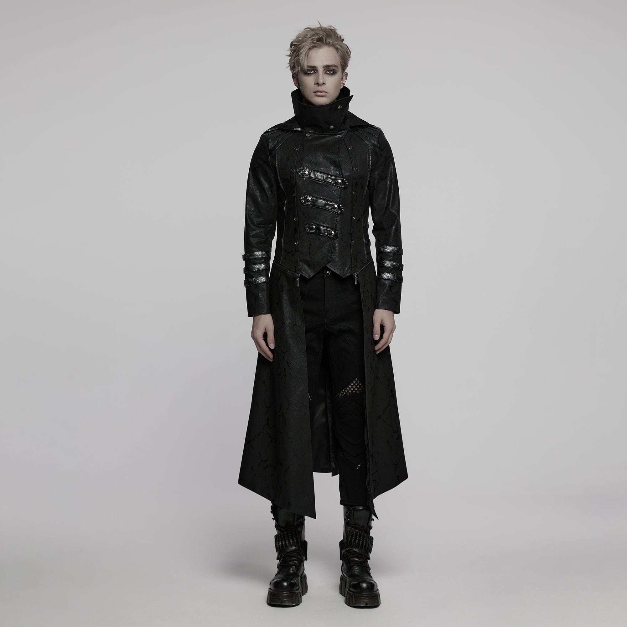 Gothic Black Stretch Twill Fabric Chef Faux Leather Coat – Punk Design