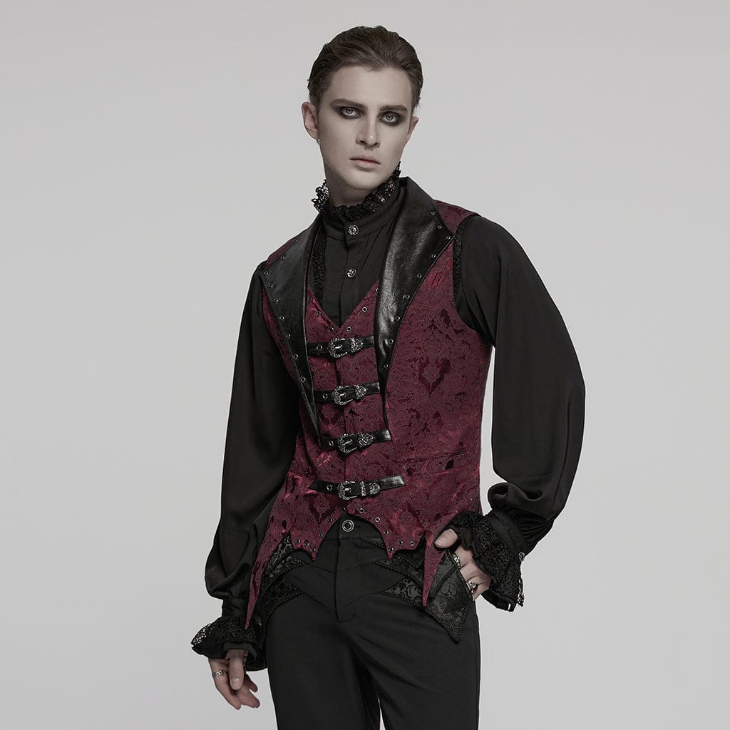 PUNK RAVE Men's Gothic Buckle Batlike Jacquard Vest Red