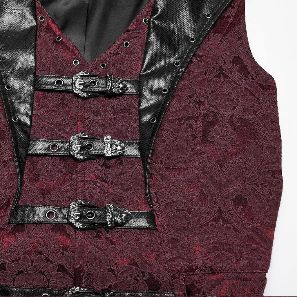 PUNK RAVE Men's Gothic Buckle Batlike Jacquard Vest Red