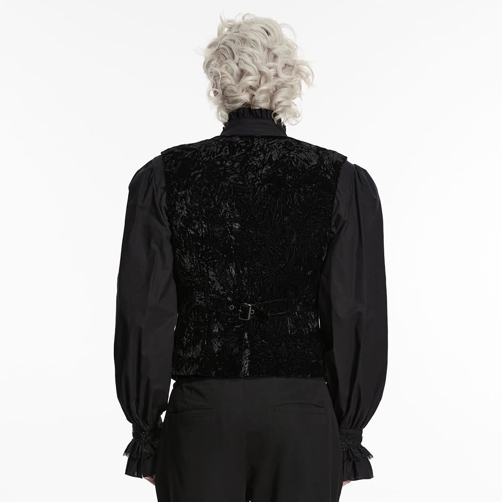 PUNK RAVE Men's Gothic Buckle-up Strap Retro Velvet Waistcoat Black