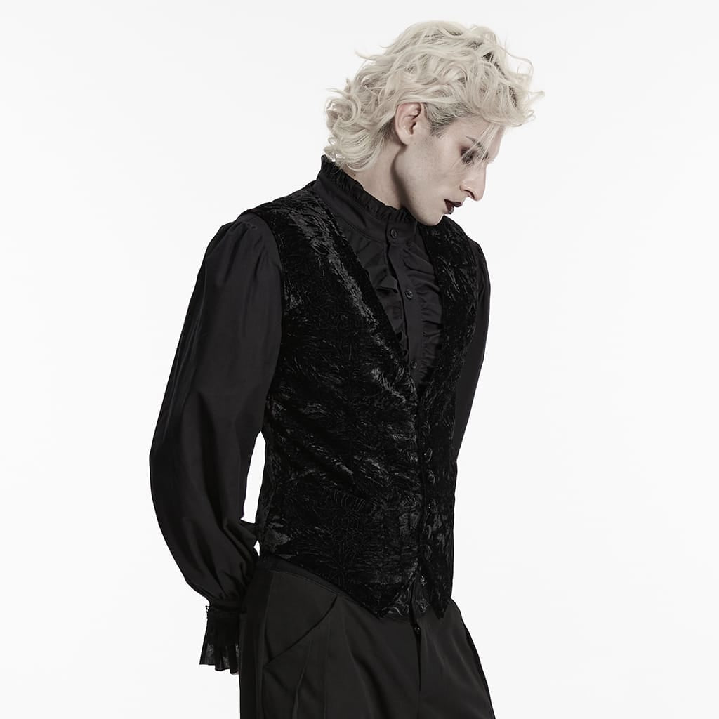 PUNK RAVE Men's Gothic Buckle-up Strap Retro Velvet Waistcoat Black