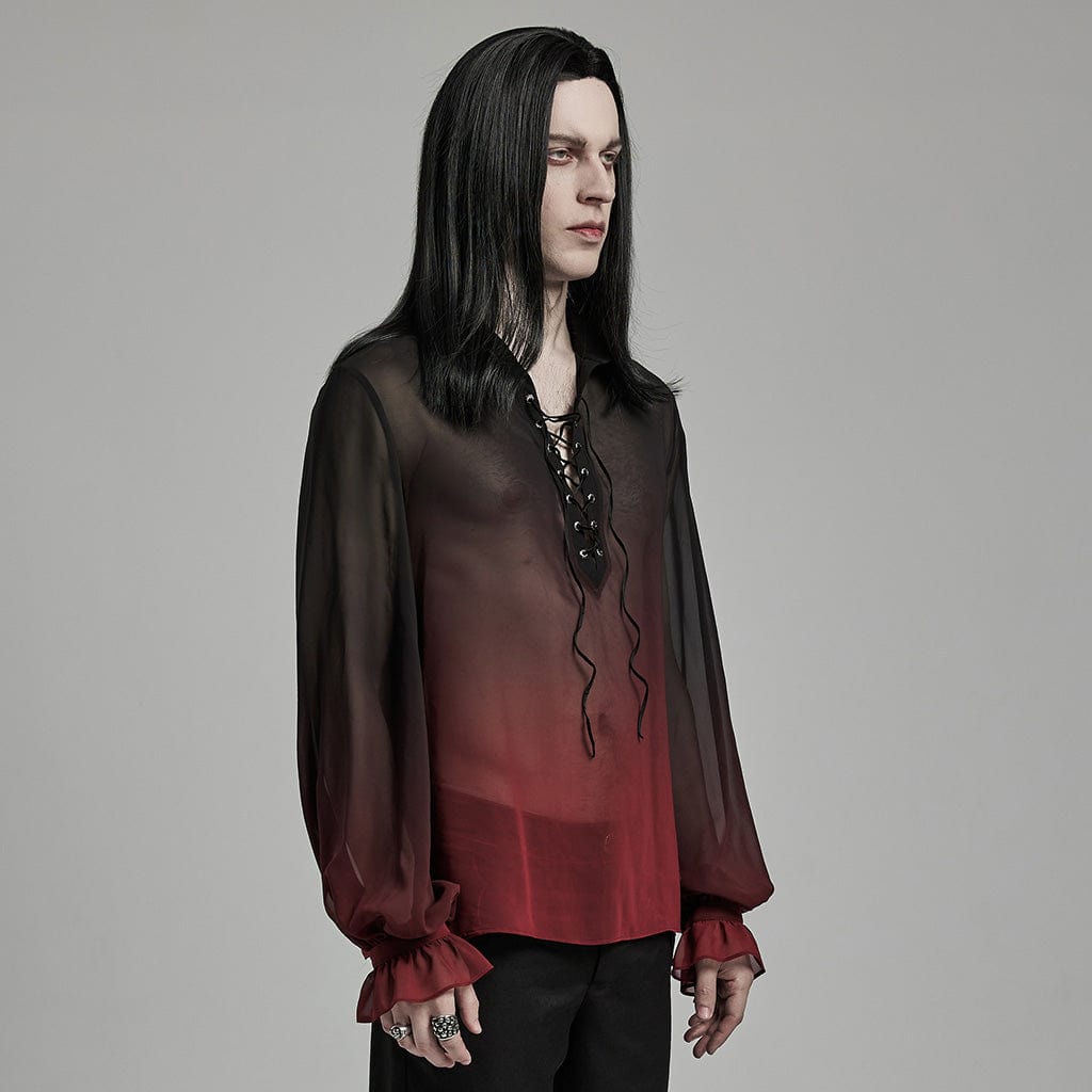 PUNK RAVE Men's Gothic Color Gradient Lace-up Sheer Chiffon Shirt