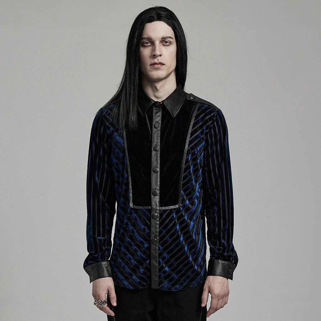 PUNK RAVE Men's Gothic Contrast Color Faux Leather Splice Velvet Shirt