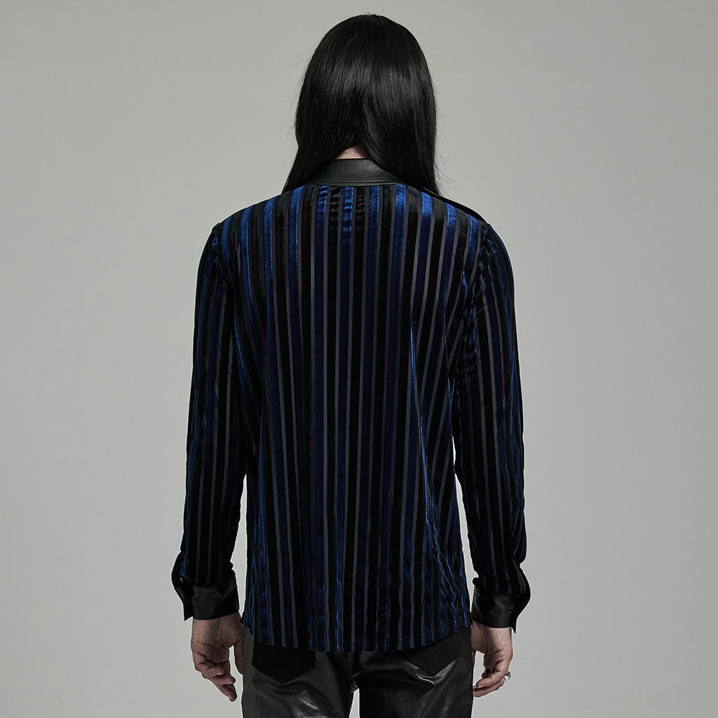 PUNK RAVE Men's Gothic Contrast Color Faux Leather Splice Velvet Shirt