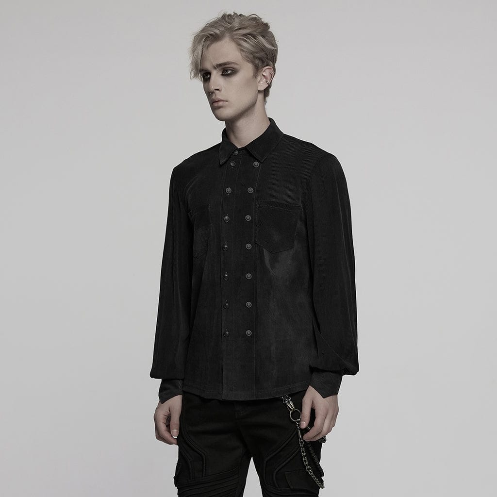 PUNK RAVE Men's Gothic Double-breasted Puff Sleeved Shirt Black