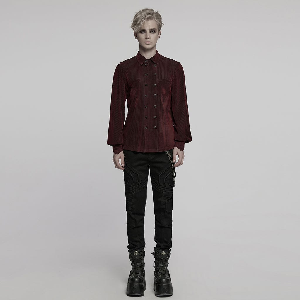 PUNK RAVE Men's Gothic Double-breasted Puff Sleeved Shirt Red