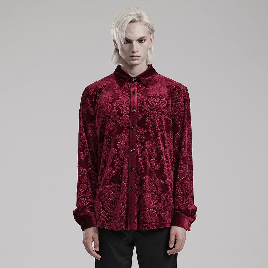 PUNK RAVE Men's Gothic Embossed Velvet Shirt Red