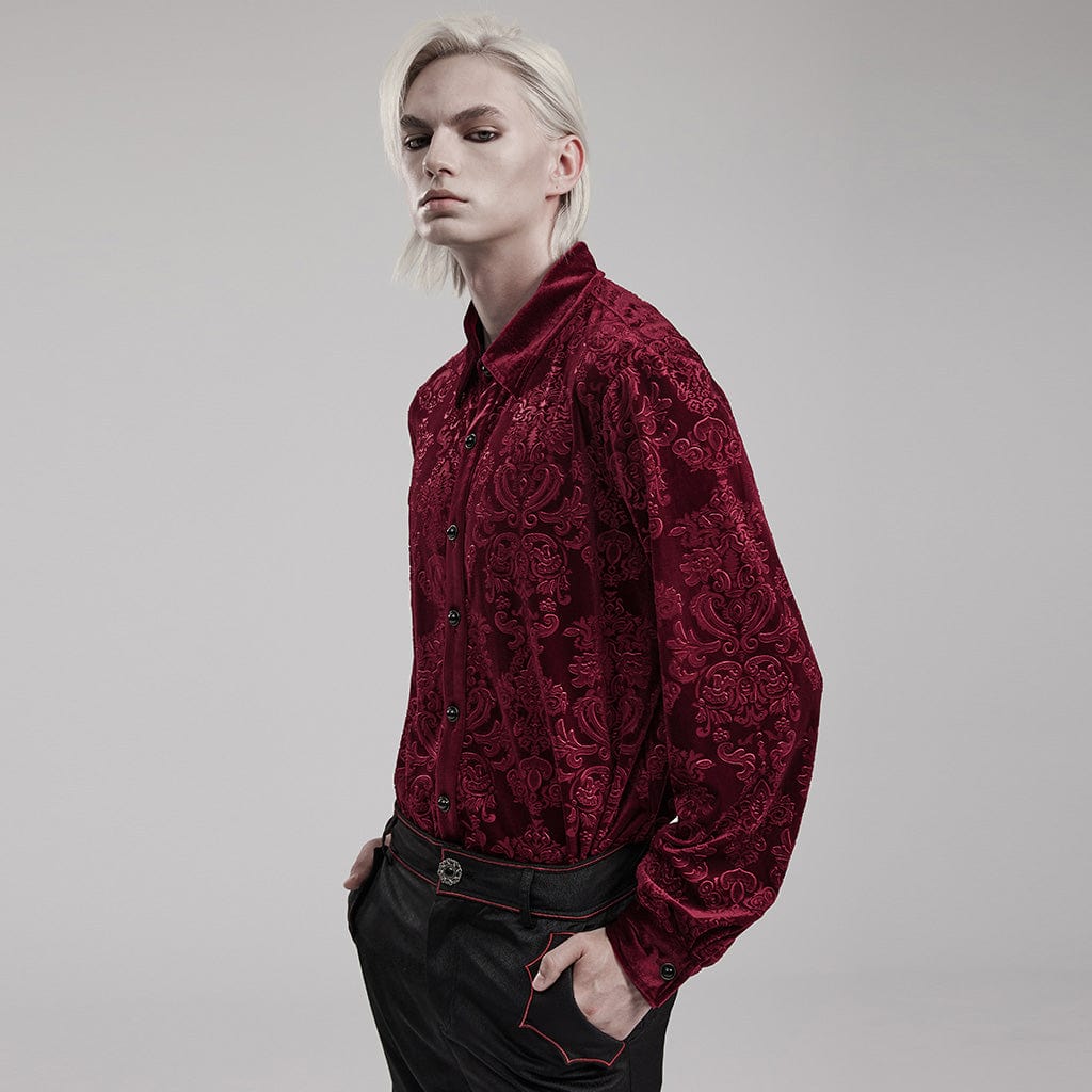PUNK RAVE Men's Gothic Embossed Velvet Shirt Red