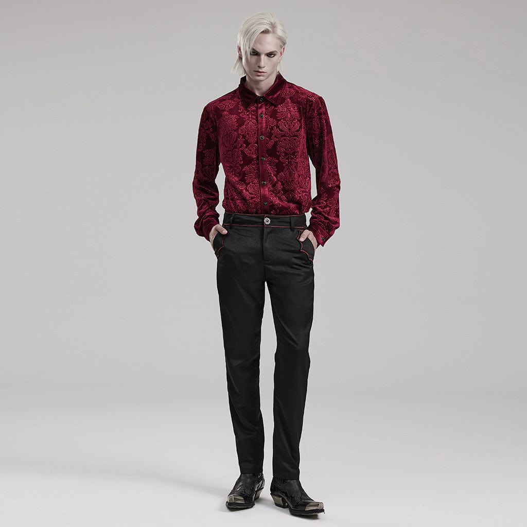 PUNK RAVE Men's Gothic Embossed Velvet Shirt Red