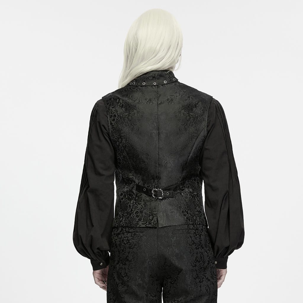 PUNK RAVE Men's Gothic Eyelet Buckle Strap Chain Jacquard Vest