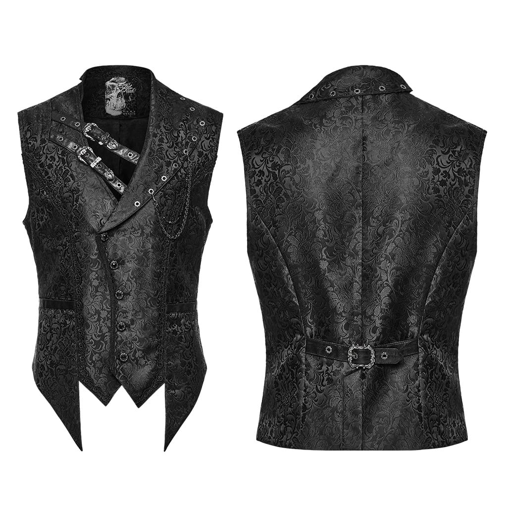 PUNK RAVE Men's Gothic Eyelet Buckle Strap Chain Jacquard Vest