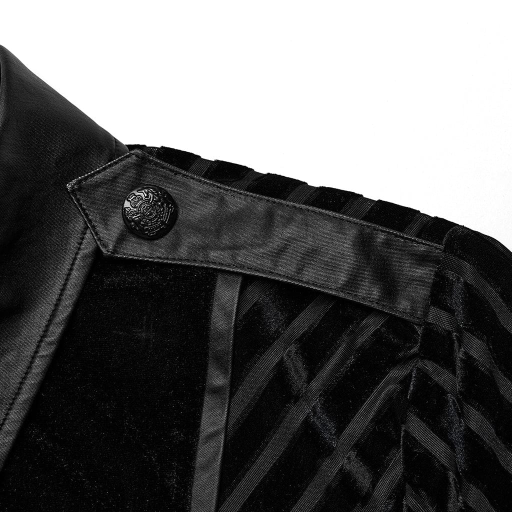 PUNK RAVE Men's Gothic Faux Leather Splice Striped Velvet Shirt