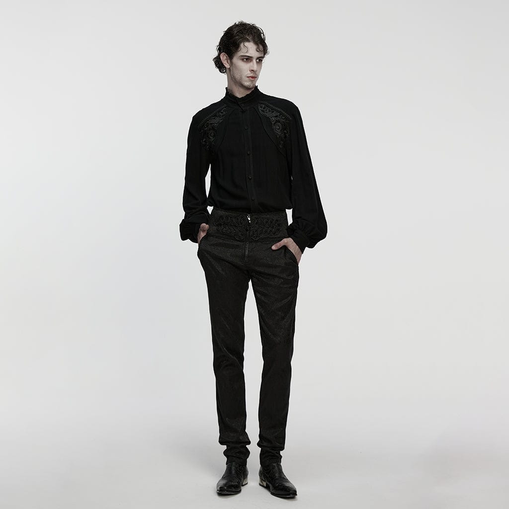 PUNK RAVE Men's Gothic Floral Decal Stand Collar Lantern Sleeved Shirt Black