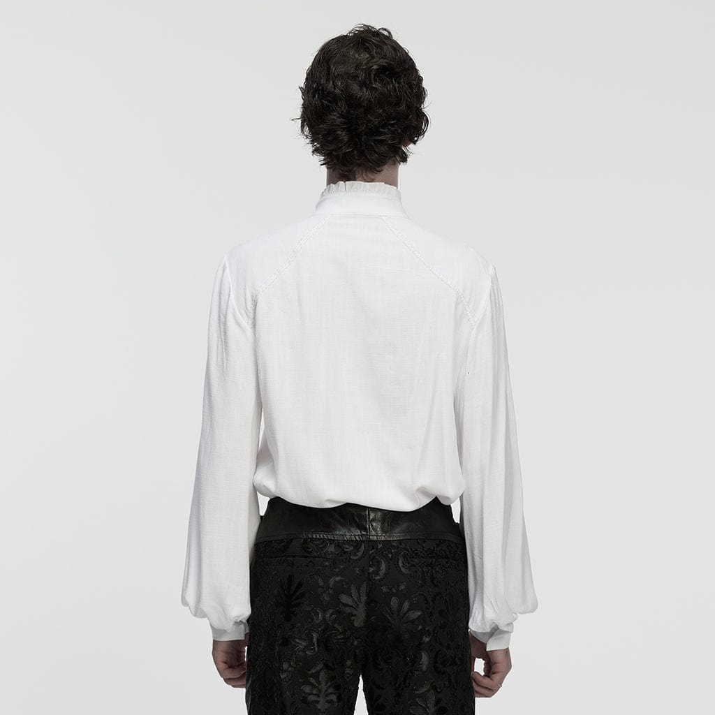 PUNK RAVE Men's Gothic Floral Decal Stand Collar Lantern Sleeved Shirt White