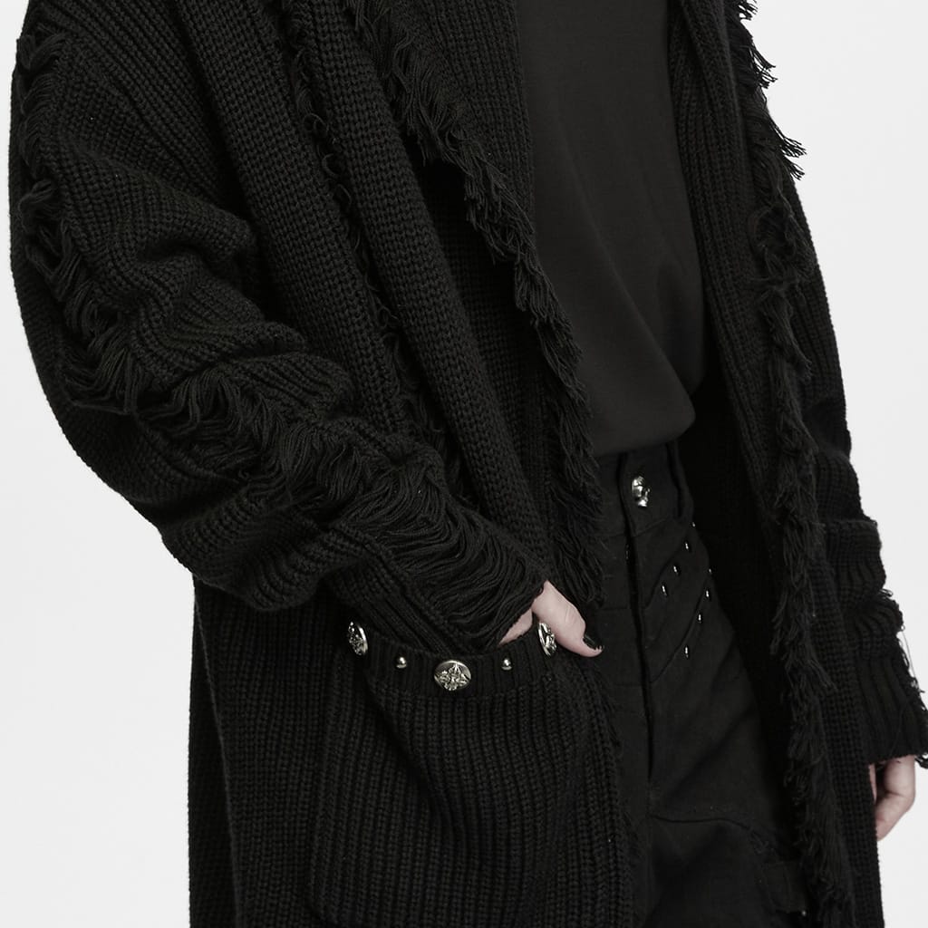 PUNK RAVE Men's Gothic Floral Embossed Button Big Pocket Lapel Fringe Cardigan