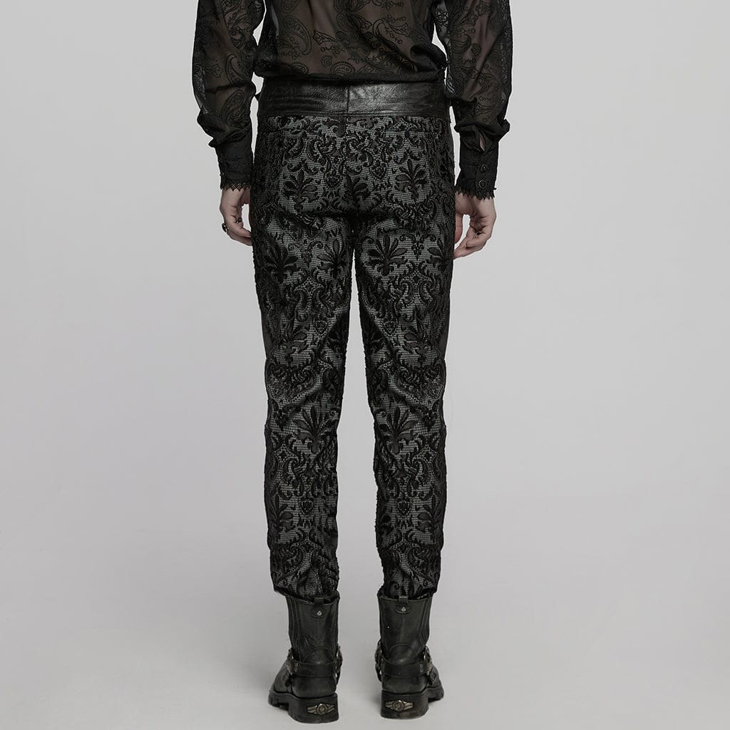 PUNK RAVE Men's Gothic Floral Embroidered Buckle Pants