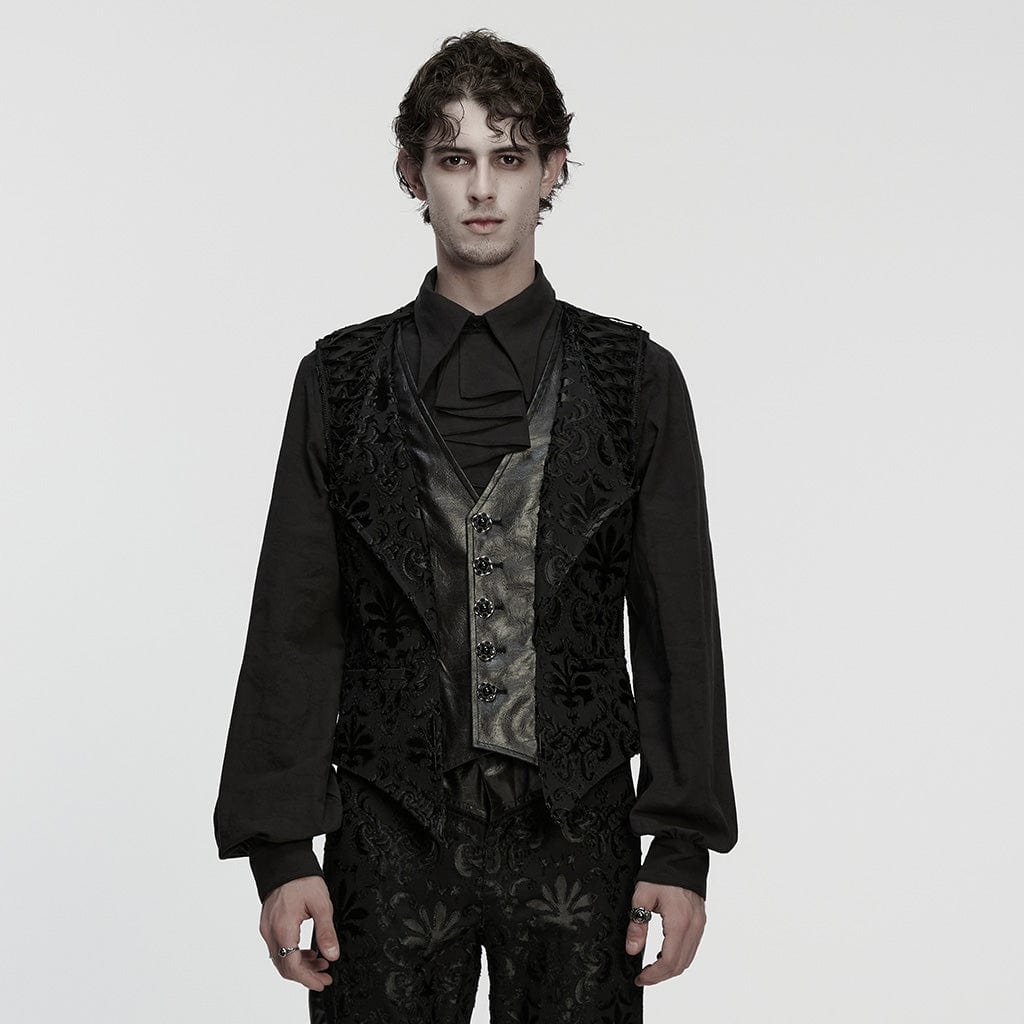 PUNK RAVE Men's Gothic Floral Embroidered Buckle-up Vest