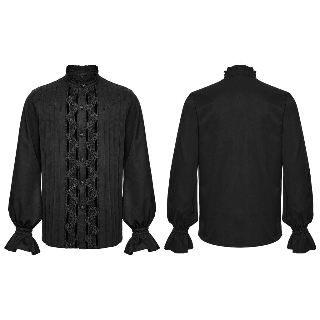 PUNK RAVE Men's Gothic Floral Embroidered Pleated Ruffled Stand Collar Shirt Black