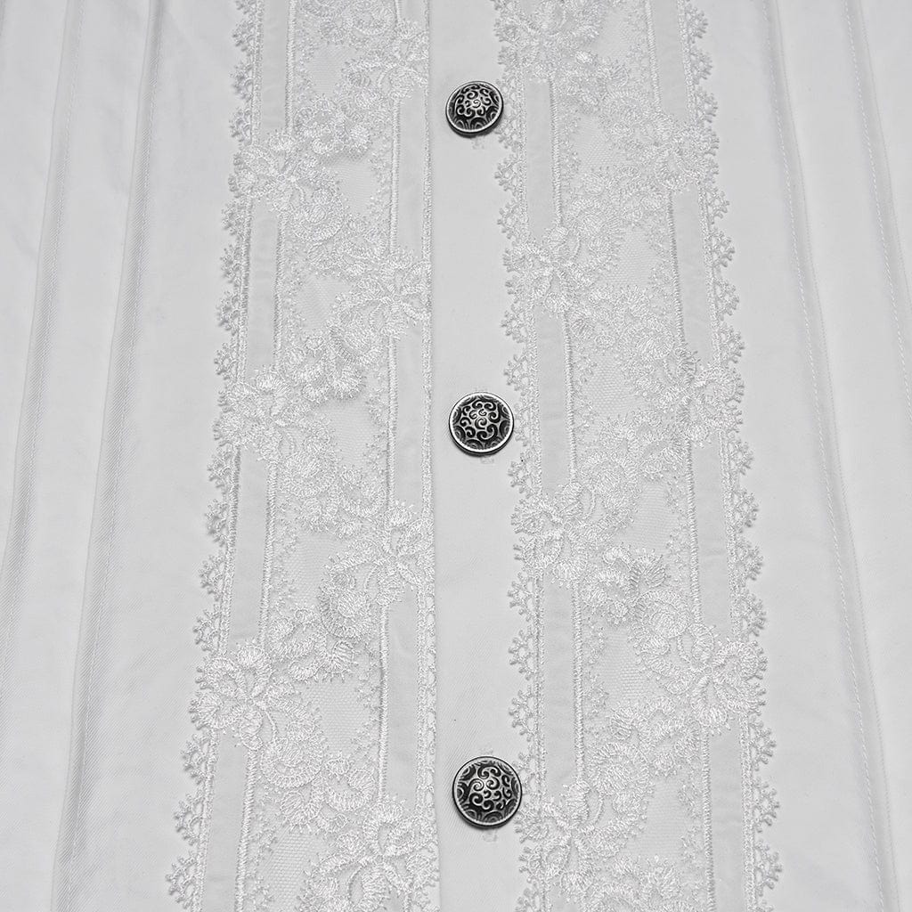 PUNK RAVE Men's Gothic Floral Embroidered Pleated Ruffled Stand Collar Shirt White