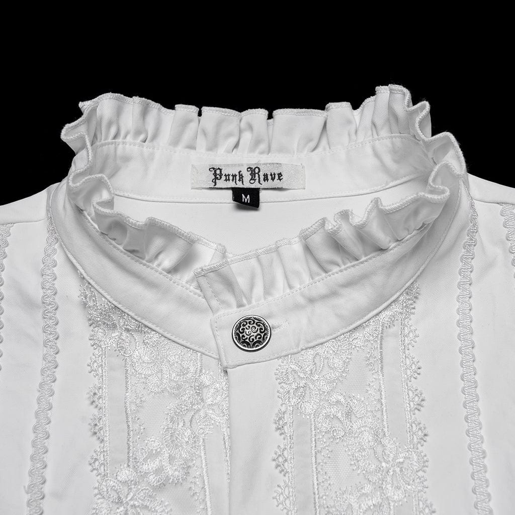 PUNK RAVE Men's Gothic Floral Embroidered Pleated Ruffled Stand Collar Shirt White