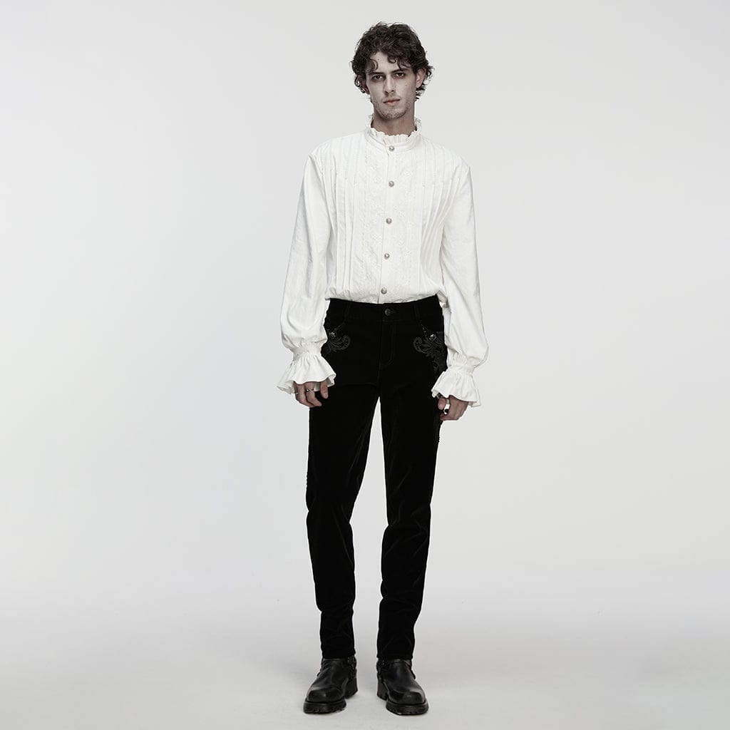 PUNK RAVE Men's Gothic Floral Embroidered Pleated Ruffled Stand Collar Shirt White