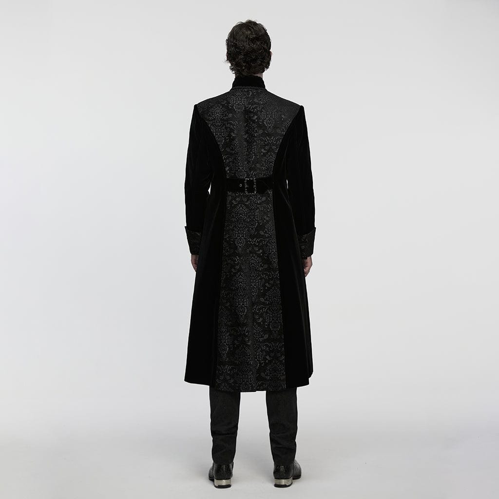 PUNK RAVE Men's Gothic Floral Jacquard Bouble-breasted Zip Coat Black