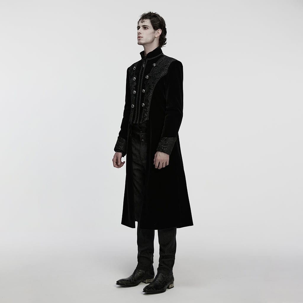 PUNK RAVE Men's Gothic Floral Jacquard Bouble-breasted Zip Coat Black